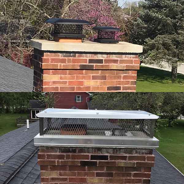 Two pictures of chimney on roofs of homes each with new chimney caps added to them