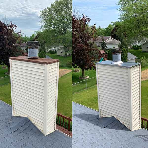two images side by side of a white sided chimney one with old cover and the other with a new one installed