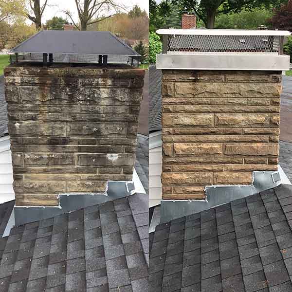 two side by side pictures of chimneys on roof each with differrent cap and cover