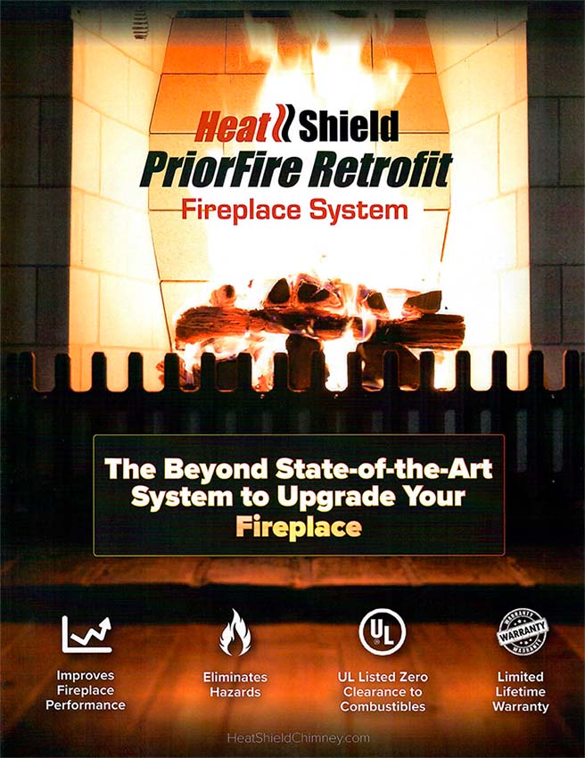Priorfire PDF fire burning in a fireplace text around it reads Heat Shield Priorfire Retrofit Fireplace System. The Beyond State of the Art System to Upgrade Your Fireplace.