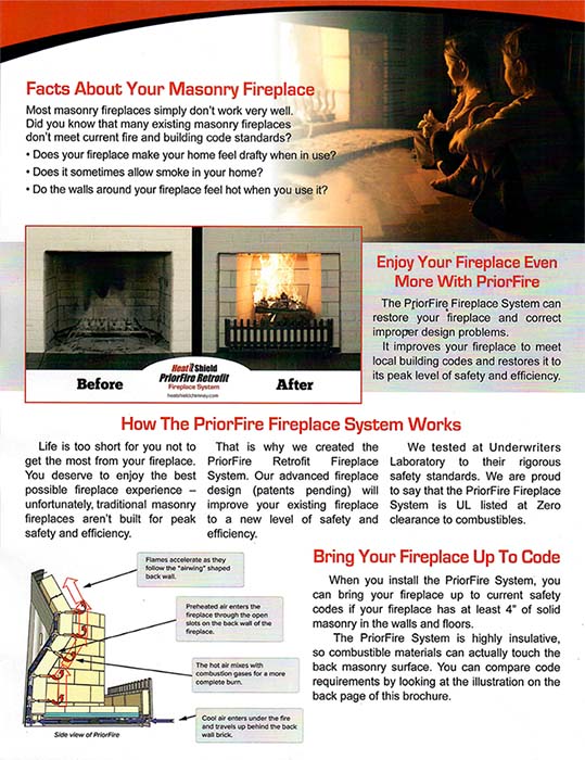 Info graphic showing before and after of a fireplace and text describing how a priorfire fireplace system works.