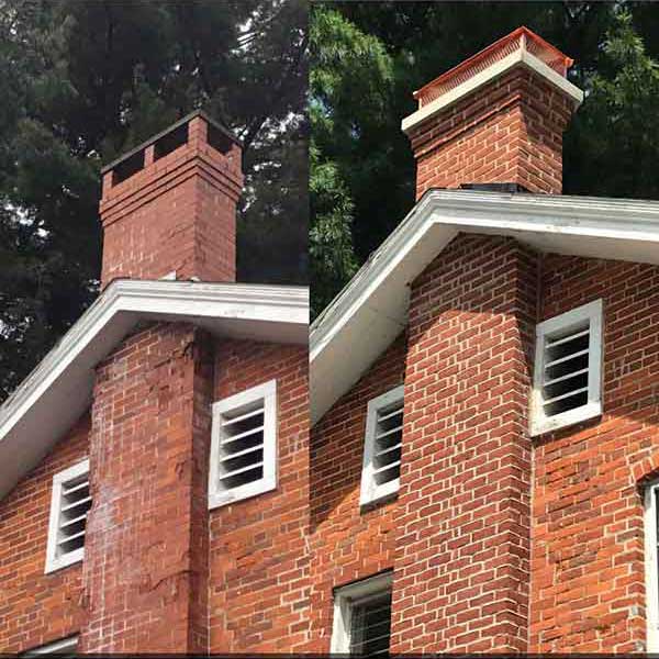 side by side images of the side of a home where a chimney has been fully torn down and rebuilt