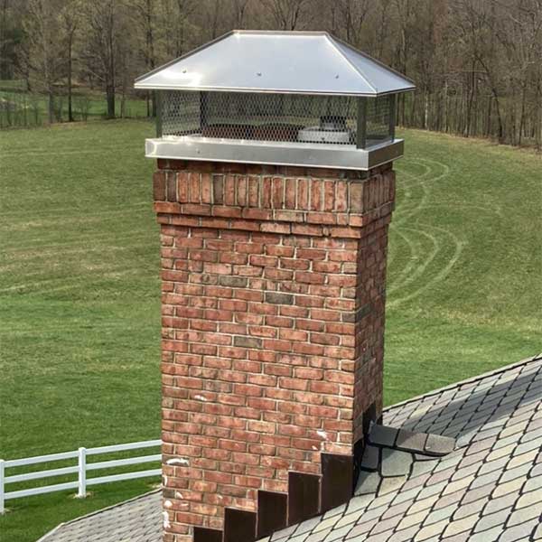 chimney with a chimney cap seen from on top of roof, white picket fence and large open field seen below
