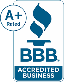Better Business Bureau logo A+ BBB with torch image with Accredited Business in white letters on blue background BBB Rating A+ underneath