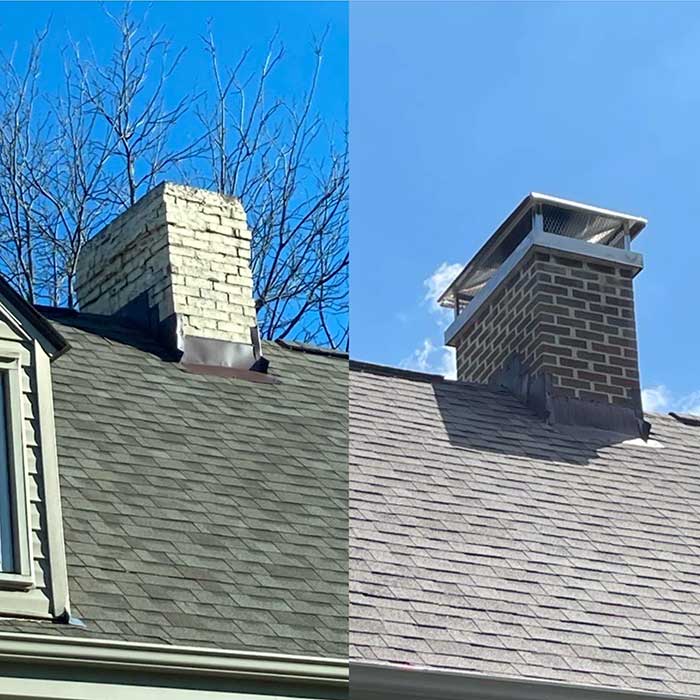 Chimney Rebuild Before (chimney has empty spaces between brickwork and no cap or crown) - After (Beautifully repointed chimney with new crown and cap with blue sky in the background.