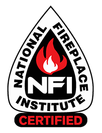 NFI-Certified - Logo with red fire and NFI in white letters with black background. National Fireplace Institute Certified Written around logo