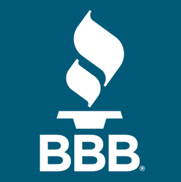 Better Business Bureau logo with torch image with BBB in white letters on blue background 