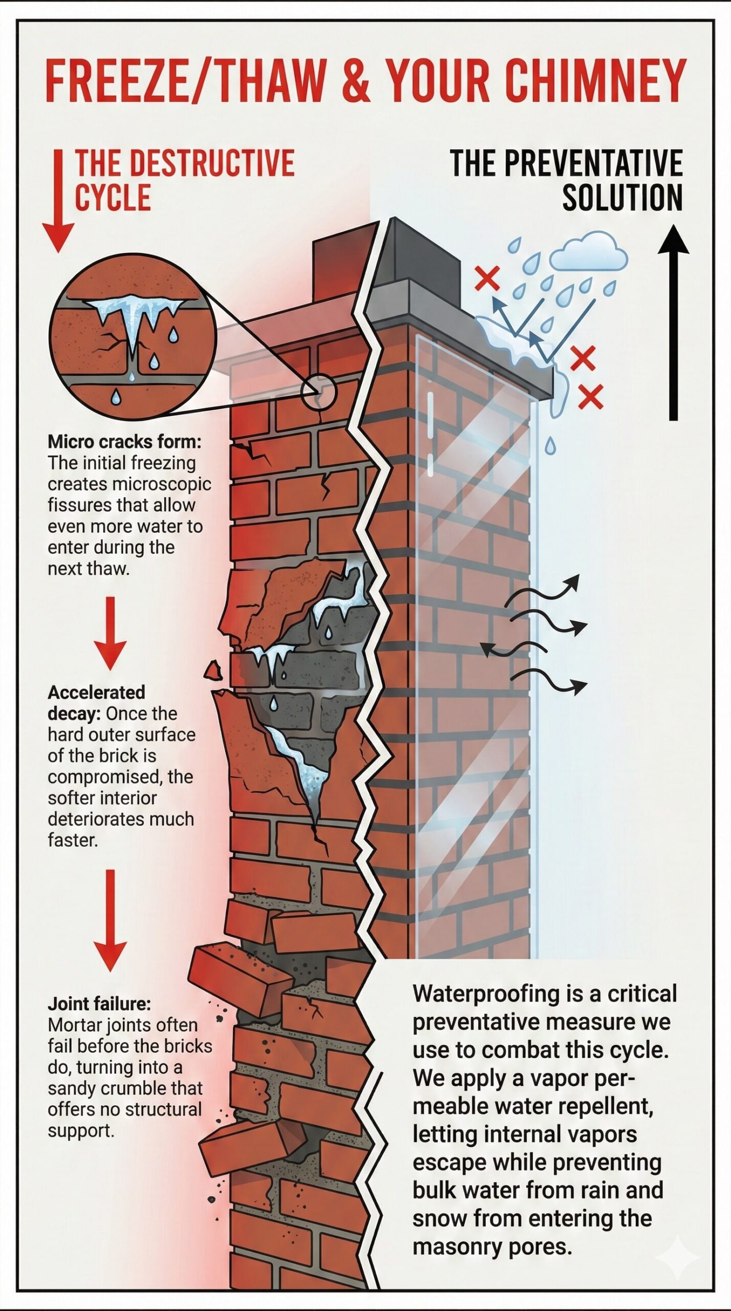 Original infographic titled "Freeze/Thaw & Your Chimney" featuring a split-screen comparison between a decaying chimney on the left and a protected one on the right, utilizing a color palette of bright red, black, dark grey, and off-white. The left side, labeled "The Destructive Cycle," illustrates three stages of damage: "Micro cracks form" where freezing creates fissures allowing water entry; "Accelerated decay" showing the compromised hard outer surface exposing the softer interior; and "Joint failure" depicting mortar crumbling into sand and losing structural support. The right side, labeled "The Preventative Solution," shows pristine brickwork resisting rain and snow with icons indicating water repelling off the surface while internal vapors escape, accompanied by text explaining that waterproofing is a critical measure using a vapor permeable water repellent to block bulk water while allowing internal moisture to exit.
